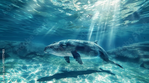 Whale Swimming Underwater, Sun Beams, Ocean Scene