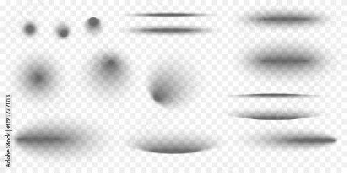 Set of circle and oval shadow effects. Different realistic soft grey shapes. Round and elliptic package box shades isolated on transparent background. Vector realistic illustration.