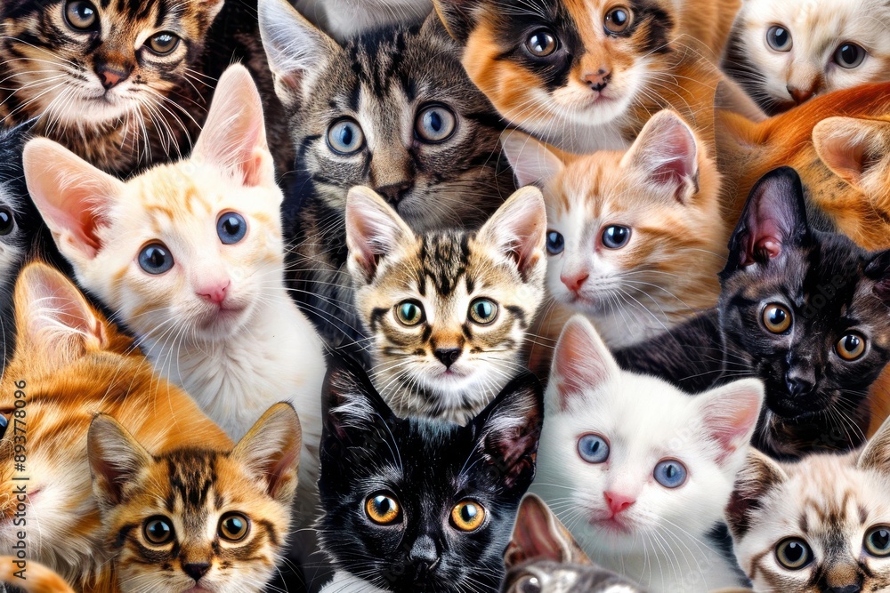 A close-up image of a cluster of cats, each with unique markings and expressions, creating a mesmerizing mosaic of furry faces A close-up image of a cluster of cats, each with unique markings and expressions, creating a mesmerizing mosaic of furry faces