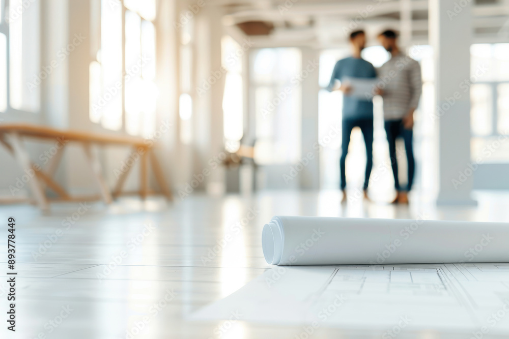 Two professionals discuss architecture plans in a bright, modern workspace, with blueprints rolled out on the floor. Two professionals discuss architecture plans in a bright, modern workspace, with blueprints rolled out on the floor.