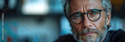 Close-up portrait of mature man wearing glasses with gray beard and serious expression, dimly lit background in focus. photo