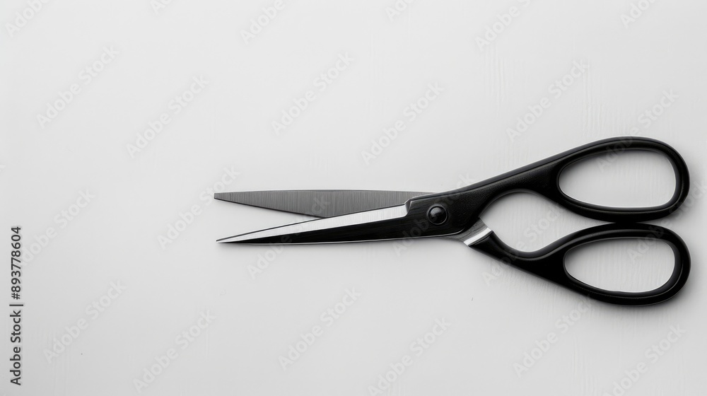 Single image of black handle scissors opened on white backdrop Single image of black handle scissors opened on white backdrop