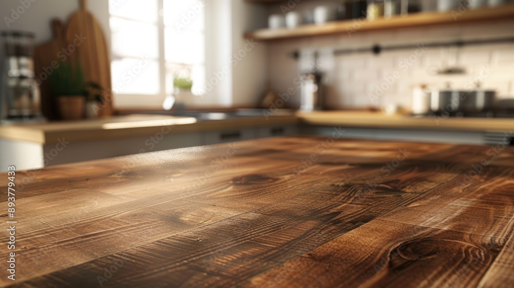 Wooden tabletop in a blurred kitchen environment Wooden tabletop in a blurred kitchen environment