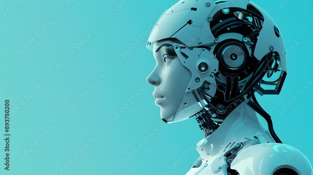 Side view of the face of a female robot. Digital cyborg. High-tech AI bot on a blue background a technology style. Illustration for poster, banner, brochure, cover, and presentation. Side view of the face of a female robot. Digital cyborg. High-tech AI bot on a blue background a technology style. Illustration for poster, banner, brochure, cover, and presentation.