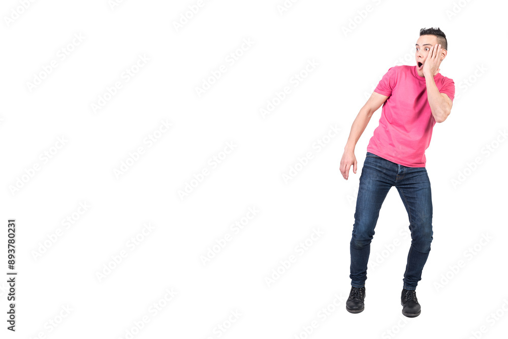 Amazed man touching cheek in studio. White background Amazed man touching cheek in studio. White background