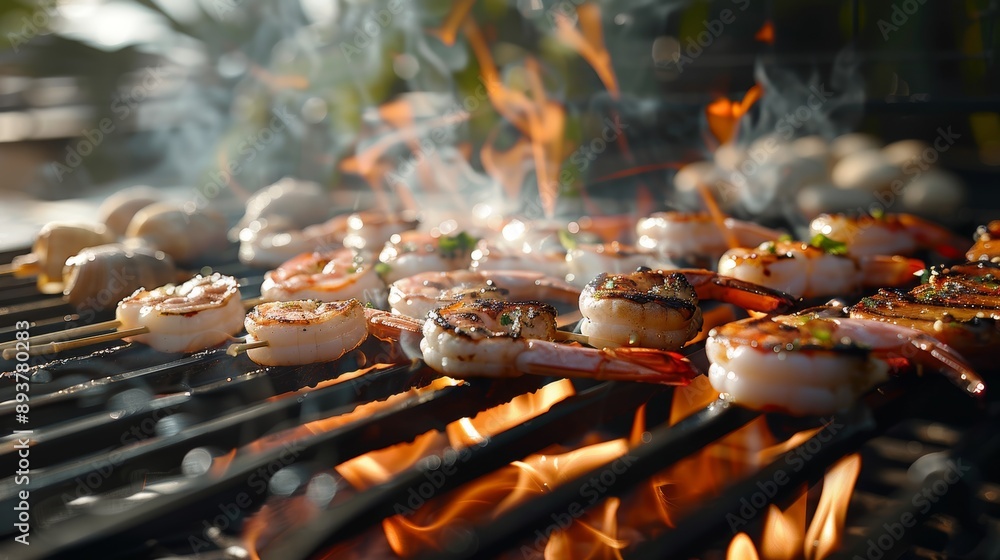 Sizzling Summer Seafood Grilled Shrimp and Scallops Cooking Over Open Flame at Outdoor BBQ Sizzling Summer Seafood Grilled Shrimp and Scallops Cooking Over Open Flame at Outdoor BBQ
