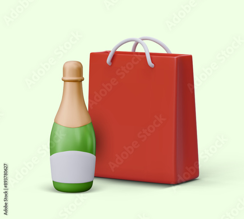 Red gift bag, bottle of champagne. Vector mockup, unbranded items, blank label for text, logo, price