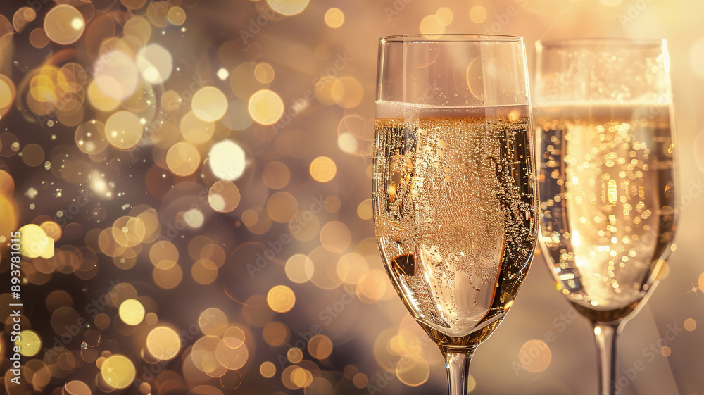 Champagne crystal glasses with alcohol sparkle beverage. Golden bokeh light background. New Year's Eve celebration background. Festive drink. Space for text. Christmas horizontal banner. Champagne crystal glasses with alcohol sparkle beverage. Golden bokeh light background. New Year's Eve celebration background. Festive drink. Space for text. Christmas horizontal banner.