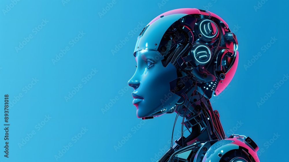 Side view of the face of a female robot. Digital cyborg. High-tech AI bot on a blue background a technology style. Illustration for poster, banner, brochure, cover, and presentation. Side view of the face of a female robot. Digital cyborg. High-tech AI bot on a blue background a technology style. Illustration for poster, banner, brochure, cover, and presentation.