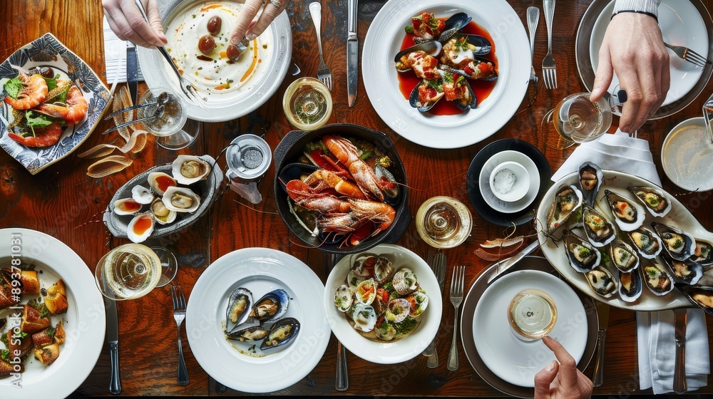 Savor the Flavor Exquisite Seafood Spread at a Chic Restaurant Table with a Glass of Crisp White Wine Fine Dining Delights and Culinary Elegance Captured from Above Savor the Flavor Exquisite Seafood Spread at a Chic Restaurant Table with a Glass of Crisp White Wine Fine Dining Delights and Culinary Elegance Captured from Above
