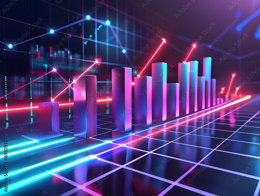Naklejka premium Futuristic Financial Graphs and Data Analysis with Neon Lights and 3D Bar Charts