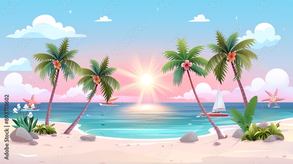 Tropical beach at sunset with palm trees, sailboats, and a serene ocean view in a picturesque, vibrant atmosphere. Tropical beach at sunset with palm trees, sailboats, and a serene ocean view in a picturesque, vibrant atmosphere.