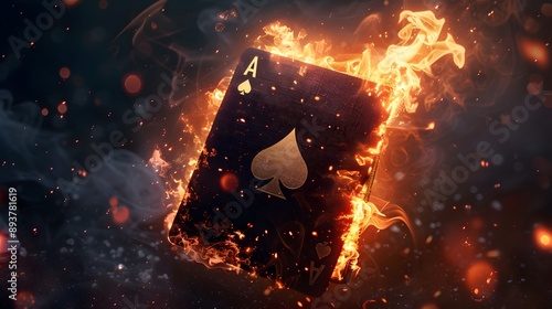 Fiery Ace of Spades Playing Card Engulfed in Flames with Dramatic Smoke and Sparks