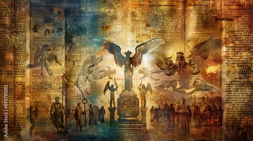 A visual summary scene with key elements from the Book of Enoch: angels, demons, and cosmic secrets depicted as illustrations around the central figure of the book. 