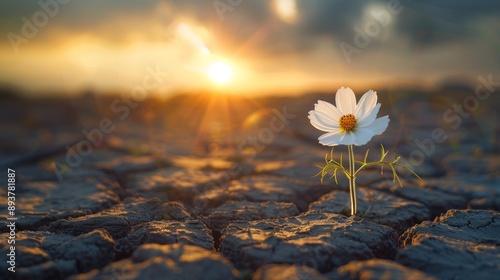A single white flower emerges from a cracked earth surface with the sun setting in the background