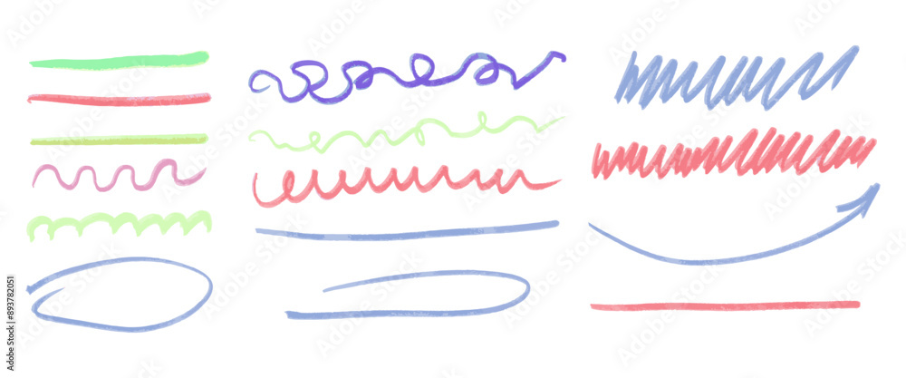 A series of colorful lines and squiggles are shown, with one of them being a green arrow pointing to the right. Concept of creativity and playfulness, as the lines A series of colorful lines and squiggles are shown, with one of them being a green arrow pointing to the right. Concept of creativity and playfulness, as the lines