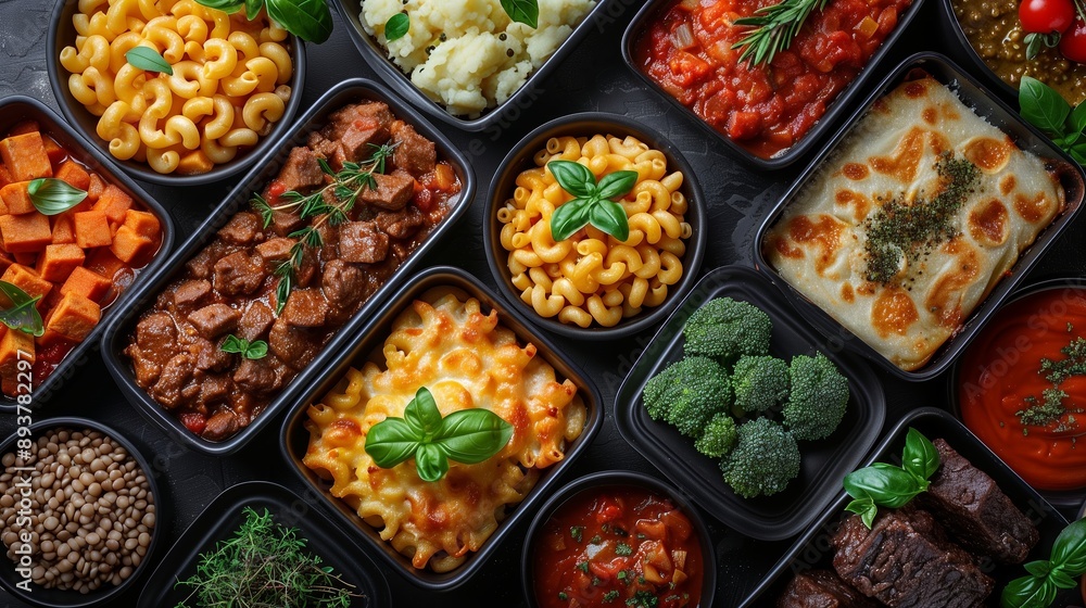 Variety Of Dishes In Black Containers Variety Of Dishes In Black Containers