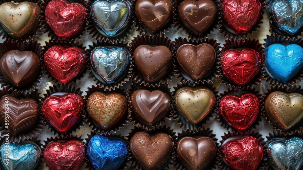 A romantic photograph of heart-shaped chocolates arranged in a box A romantic photograph of heart-shaped chocolates arranged in a box