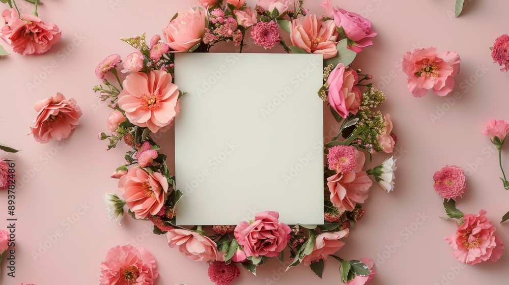 A blank card surrounded by a floral arrangement of pink flowers on a pink background A blank card surrounded by a floral arrangement of pink flowers on a pink background