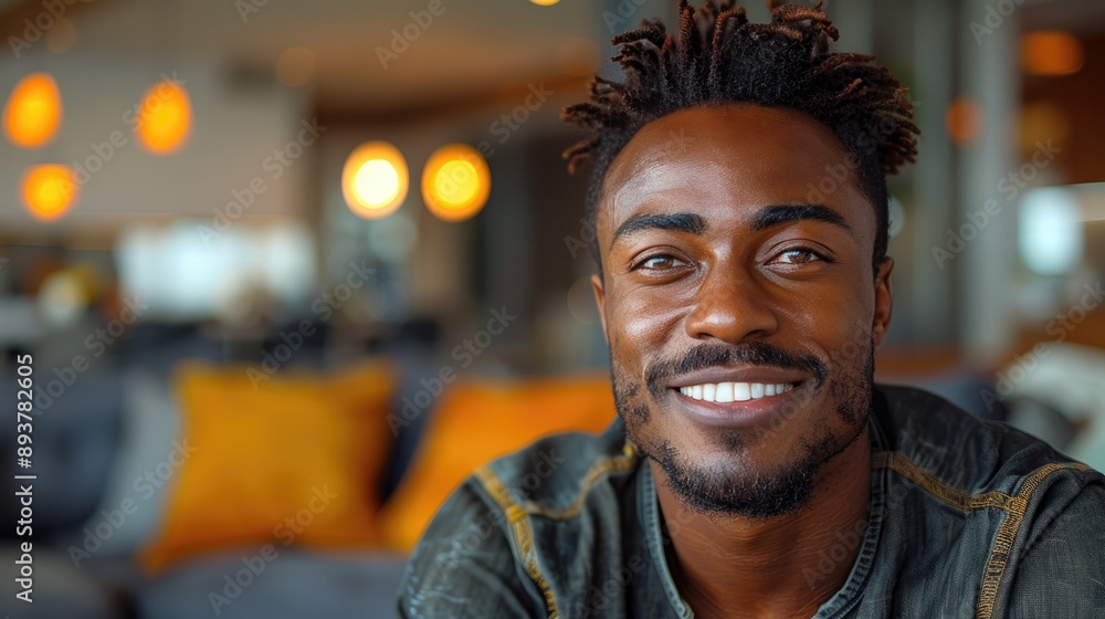 Smiling man in casual wear sitting in a cozy cafe with warm lighting and modern interior design. Smiling man in casual wear sitting in a cozy cafe with warm lighting and modern interior design.