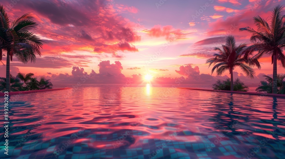 A Tranquil Pool Reflecting a Dramatic Pink Sunset A Tranquil Pool Reflecting a Dramatic Pink Sunset