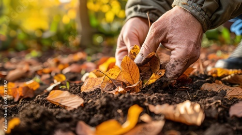 Wallpaper Mural A gardener composts fallen leaves to enrich soil for next year's growth, recycling nature's bounty in a sustainable cycle. Torontodigital.ca