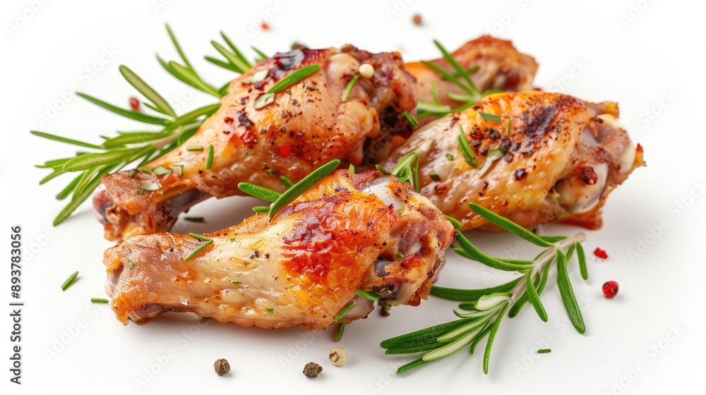 Half-cooked chicken wings with herbs, fast home food on white background. Half-cooked chicken wings with herbs, fast home food on white background.