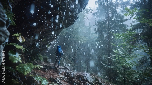 A hiker caught in a hailstorm seeks refuge under a rocky overhang, watching as hailstones bounce off the ground and nearby trees photo