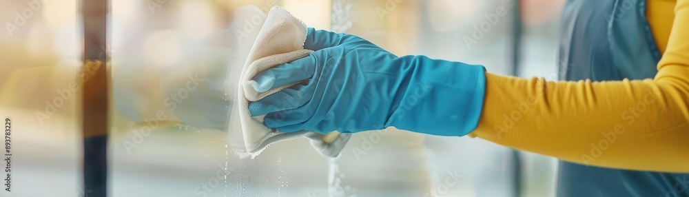 Fototapeta premium Close-up of a person cleaning a glass surface with a cloth and gloves, showcasing household chores and cleanliness.