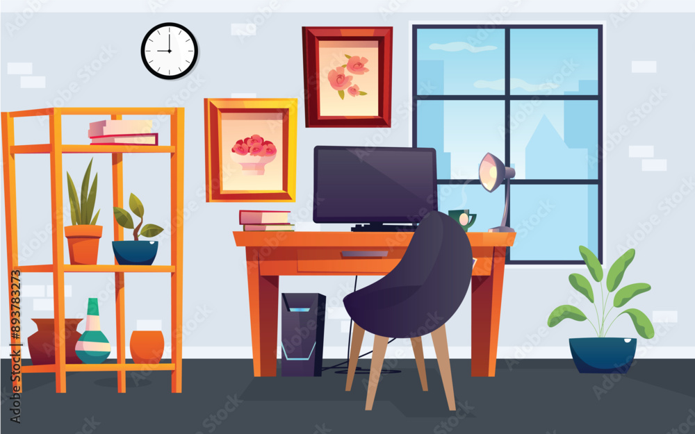 Fototapeta premium desk illustration, multicolor table, education tools, computer on desk, desktop,