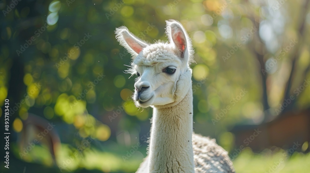 Obraz premium White alpaca in outdoor zoo during summer