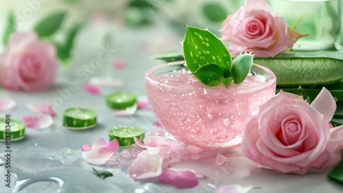 
Aloe vera gel, rose water, vitamin E, face mask ingredients, still life, skin care consept