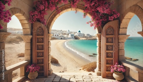 view of arched gate with a view to the sea beach living santorini island style