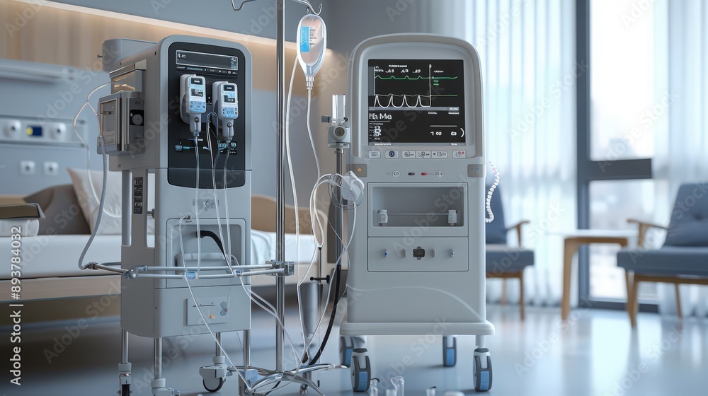A sophisticated dialysis machine with advanced settings and a digital interface, ensuring efficient and safe treatment for patients with kidney failure. A sophisticated dialysis machine with advanced settings and a digital interface, ensuring efficient and safe treatment for patients with kidney failure.