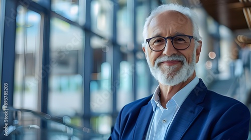 An image of a senior, successful businessman smiling and gazing into a new office building © kinza