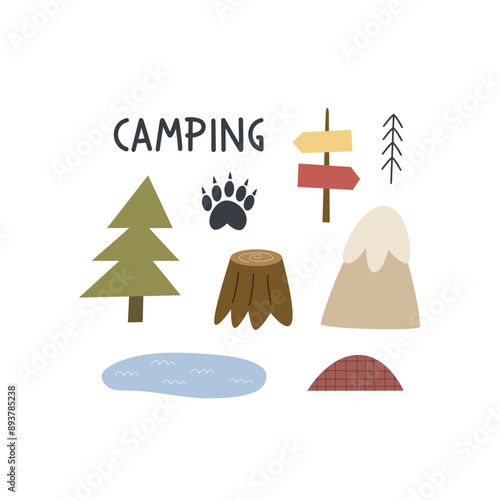 Cartoon camping thematic elements, hand drawing lettering. Colorful vector illustration, flat style. design for cards, print, poster, cover
