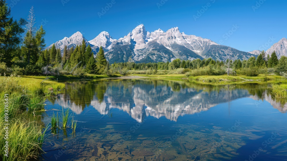 A tranquil lake reflects the clear blue sky and towering mountains in a serene nature backdrop A tranquil lake reflects the clear blue sky and towering mountains in a serene nature backdrop
