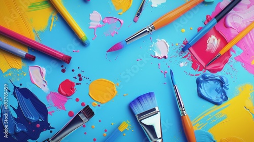 Creative Chaos Vibrant Digital Design Tools with Artistic Paint Splashes A Flat Lay Stock Image for Graphic Design Inspiration