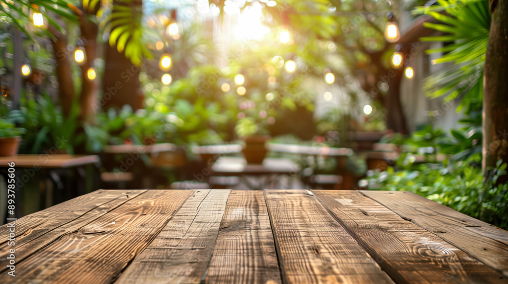 Empty wooden table top in front of outdoor restaurant cafe Empty wooden table top in front of outdoor restaurant cafe