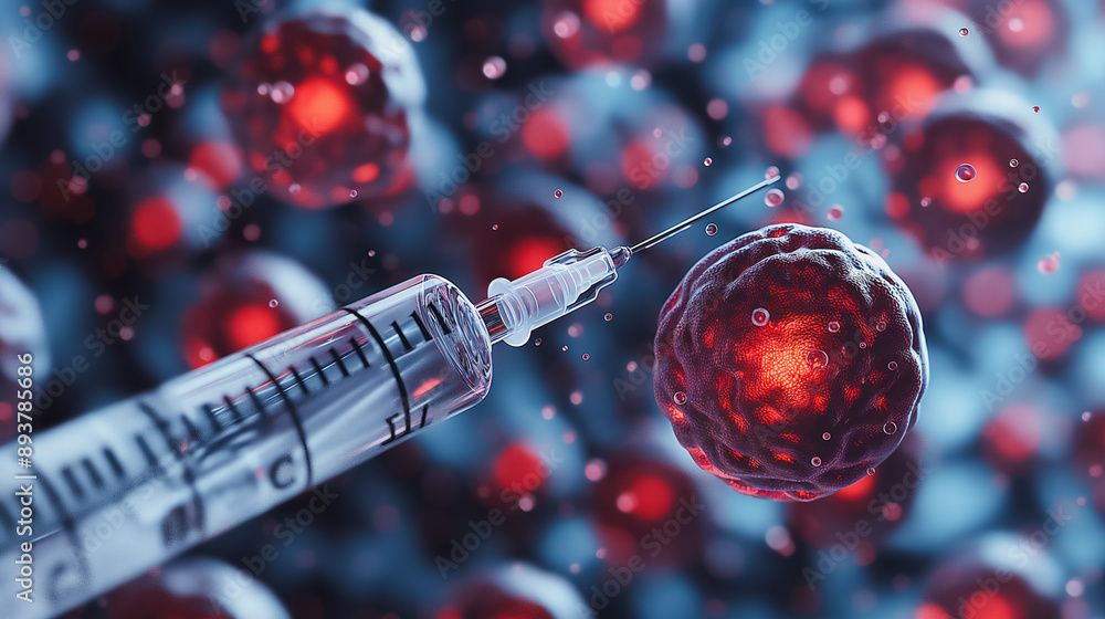 Detailed close-up of a syringe administering to a glowing cell, emphasizing innovative medical research and biotechnology in a laboratory, with an in vitro fertilization concept. Detailed close-up of a syringe administering to a glowing cell, emphasizing innovative medical research and biotechnology in a laboratory, with an in vitro fertilization concept.