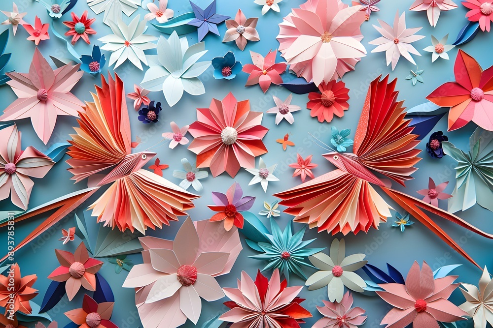 birds and flowers in paper art style birds and flowers in paper art style