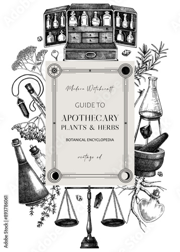 Antique apothecary hand-drawn vector illustrations. Alchemy sketches. Vintage chemistry frame, banner, card, flyer design. NOT AI generated