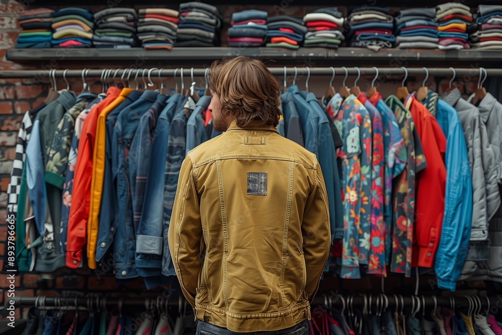 Obraz premium Man in Yellow Jacket Shopping for Clothes in a Store