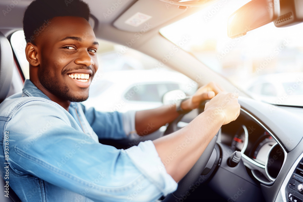 A cheerful young black man in a denim shirt smiles, seated behind the wheel of a car A cheerful young black man in a denim shirt smiles, seated behind the wheel of a car
