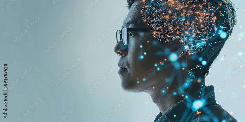 Young man thinking with brain artificial intelligence side view Young man thinking with brain artificial intelligence side view