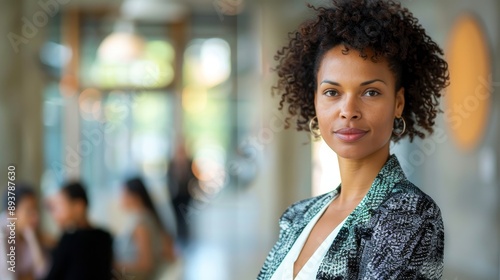 Confident businesswoman leading diverse team in bright office setting with softly blurred background.