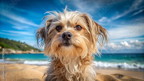 Close up hairy little dog on the beach