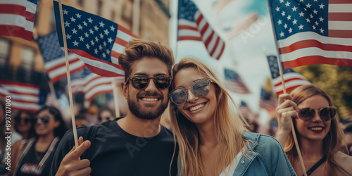 Young couple holding american flags celebrating independence day with crowd