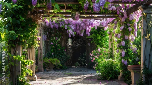 A vine-covered pergola in a garden courtyard, adorned with climbing roses and wisteria in full bloom, providing shade and beauty in the warm spring sunshine.