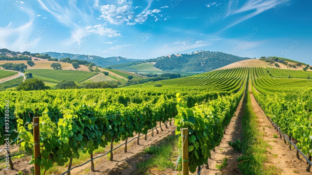 Naklejka premium A vineyard under the summer sun, with rows of grapevines heavy with ripening fruit, set against rolling hills and a clear blue sky.